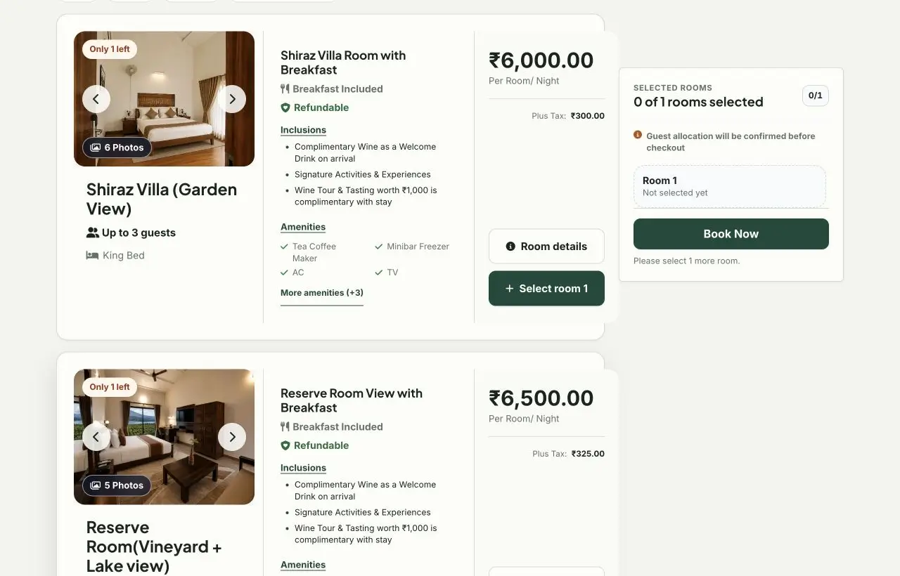 Soma Shiraz Villa listing with room rate and inclusions