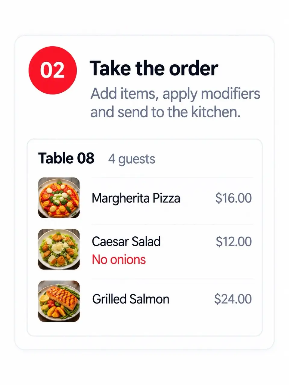 Illustrative restaurant order with menu items and a no-onions modifier
