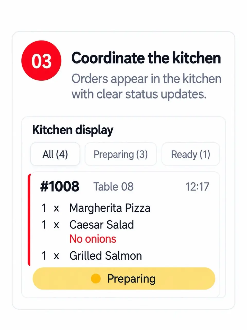 Illustrative kitchen ticket showing ordered items and preparation status