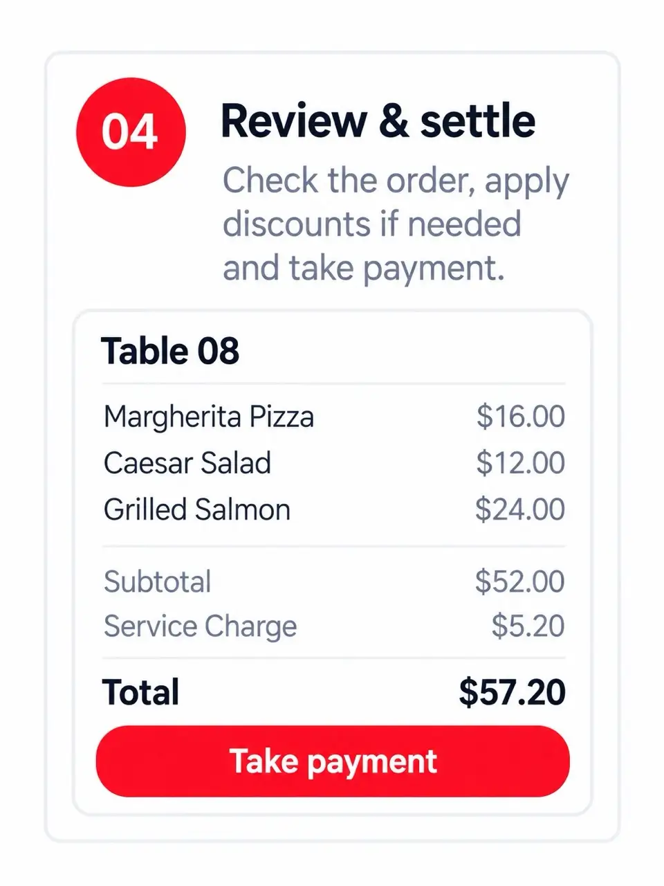 Illustrative restaurant bill with itemised charges and a payment action