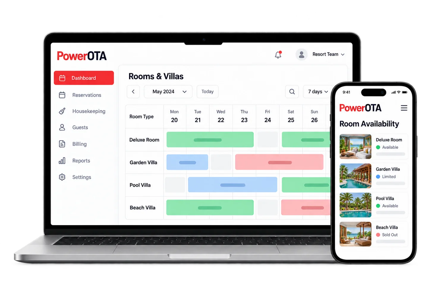 PowerOTA resort dashboard on laptop and phone